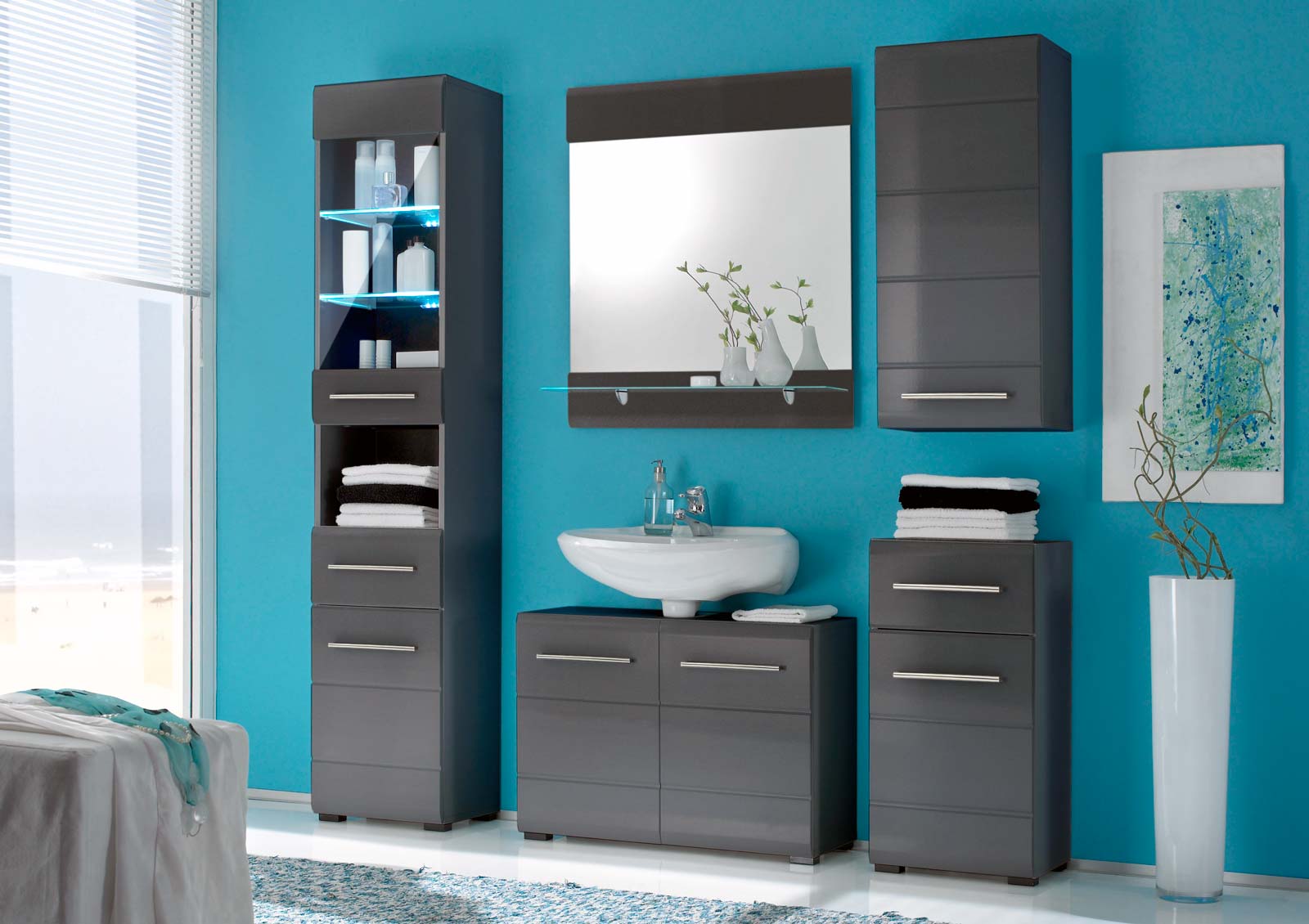 Bad Badmöbel Badblock Komplettset Badmöbelset Badezimmer CHROME grau